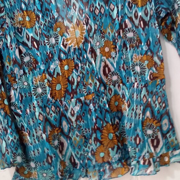Kim Rogers Blouse Women L 3/4 Sleeve Simi Sheer Ruffle Open Tie Front Teal Brown - Picture 15 of 16